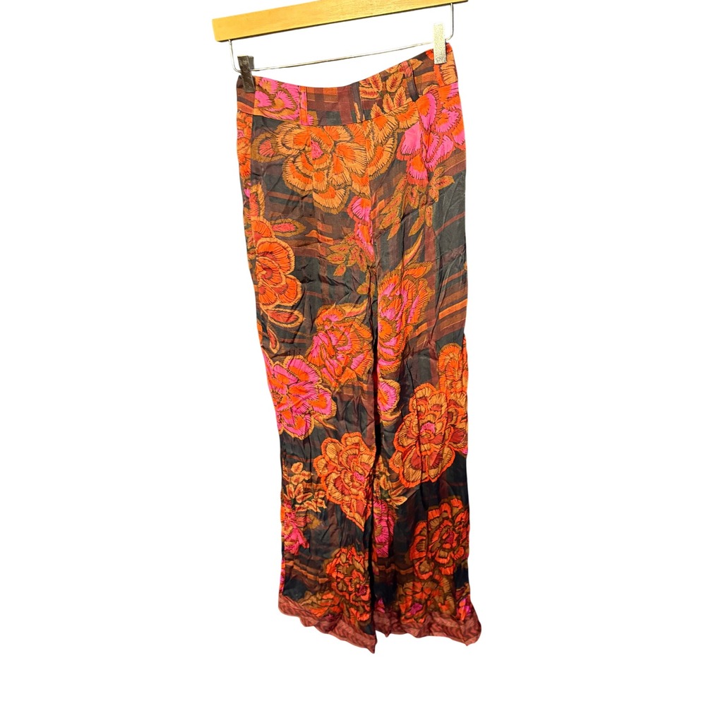 Farm Rio for Anthropologie Floral Plaid Wide Leg Pants Orange Pink XS New - Picture 3 of 7